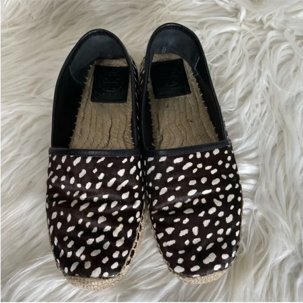 Tory Burch Black‎ and White Mckenzie Dotted Pony Espadrille Slip On Flats 7.5